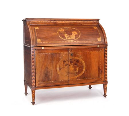 MOBILE DEL XVIII SECOLO CREDENZA CON RIBALTA A RULLO IN LEGNI VARI, FINE...