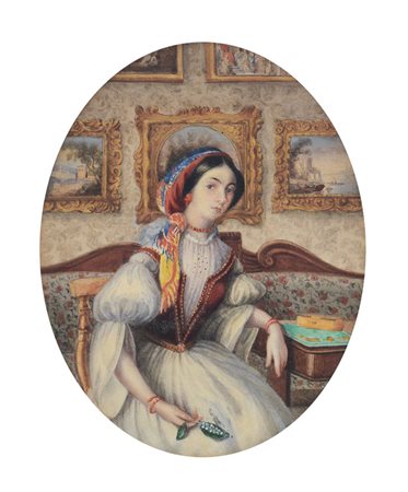 PITTORE DEL XIX SECOLO Ritratto di gentildonna in un internoTempera su carta...