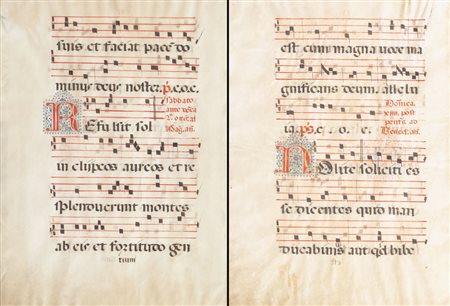 PITTORE DEL XVIII SECOLO Due pagine di antifonarioTempera su pergamena, cm...
