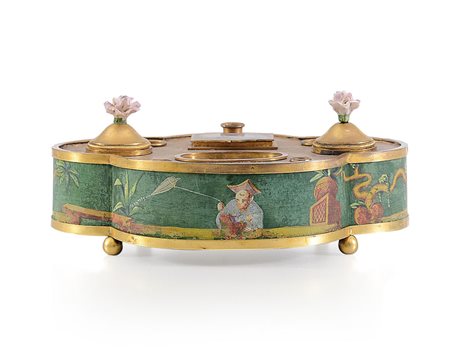 OGGETTISTICA VARIA CALAMAIO IN METALLO DORATO DIPINTO A CINESERIE, XIX...