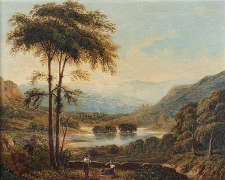 PITTORE DEL XIX SECOLO Paesaggio lacustre con figure Olio su tela, cm 32x39.