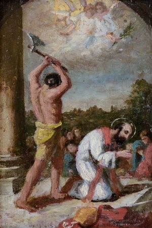 PITTORE DEL XIX SECOLO Martirio di un santo Olio su tela, cm 27x18,5.