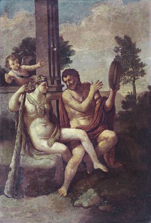 SCUOLA ROMANA DEL XVIII SECOLO Ercole e OnfaleOlio su tela, cm 70x48.