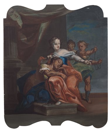 PITTORE DEL XVIII SECOLO Sansone e DalilaOlio su tela sagomata, cm 111x95;...