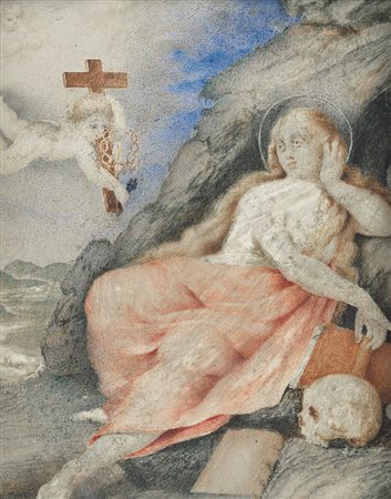 PITTORE DEL XVII SECOLO Maddalena Tempera su pergamena, cm 25x20, usure e...