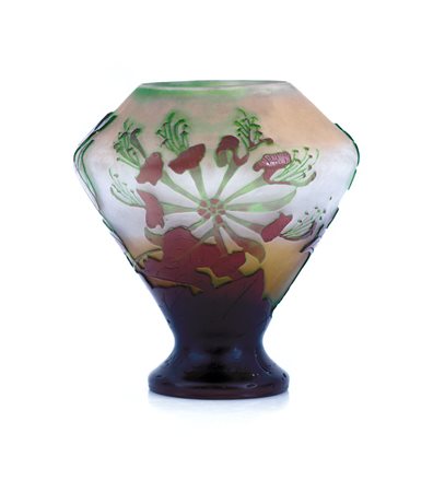 GALLE' VASO IN VETRO DOPPIO, GALLE', 1900 CA., a balaustro su base circolare,...