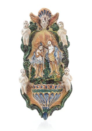 CERAMICA ACQUASANTIERA IN MAIOLICA, XVII SECOLO, decoro a rilievo con...