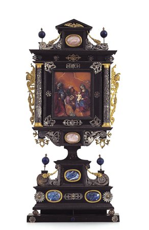 OGGETTISTICA VARIA ALTARE IN ALABASTRO DIPINTO, LEGNO EBANIZZATO, PIETRE...