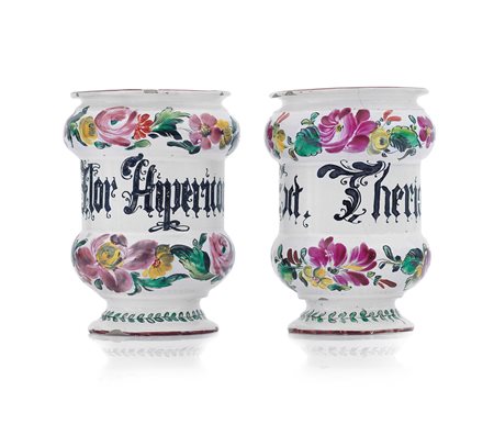 LODI DUE PICCOLI ALBARELLI IN MAIOLICA, LODI, COPELLOTTI, 1780 CA., decoro...