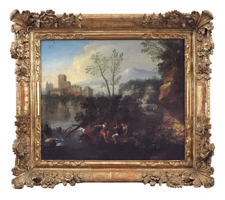 ANESI PAOLO Roma 1697 - 1773(ambito di)Paesaggio fluviale con pescatoriOlio...