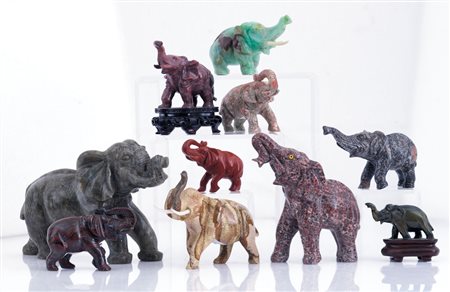 ARTE ORIENTALE DIECI ELEFANTI IN PIETRE DURE DIVERSE, ARTE ORIENTALE, XX...