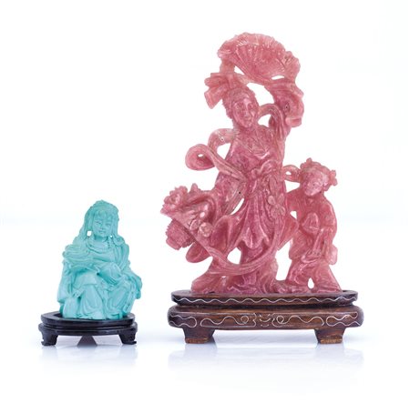 ARTE ORIENTALE UNA SCULTURA IN RODOCROSITE E UNA IN TURCHESE, CINA, XX...