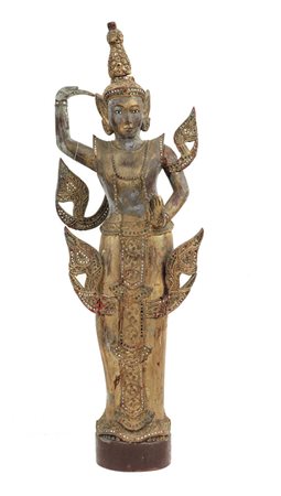 ARTE ORIENTALE DIVINITA' IN LEGNO SCOLPITO E DORATO CON APPLICAZIONI VITREE,...