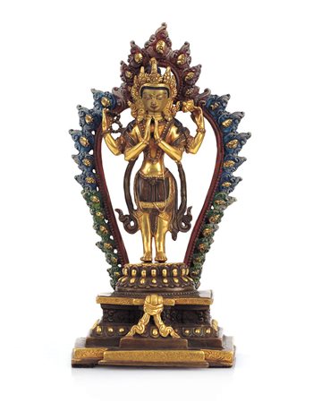 ARTE ORIENTALE SCULTURA IN BRONZO DORATO IN PARTE DIPINTO, TIBET, FINE XIX...