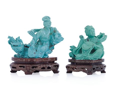 ARTE ORIENTALE DUE SCULTURE IN TURCHESE, CINA, INIZIO XX SECOLO, raffiguranti...