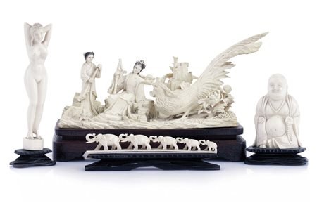 AVORIO QUATTRO SCULTURE IN AVORIO, CINA, XX SECOLO, composto da un gruppo con...