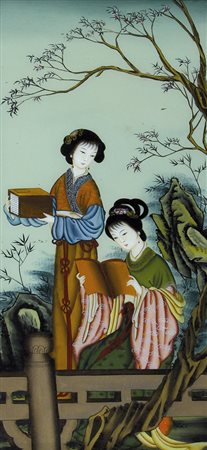ARTE ORIENTALE PANNELLO IN VETRO DIPINTO, CINA, FINE XIX SECOLO, decoro a...