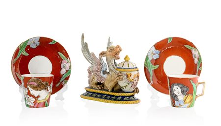 GINORI UN CALAMAIO IN CERAMICA E COPPIA DI TAZZE CON PIATTO LIBERTY IN...