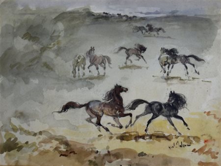 FALZONI GIULIO (Marmirolo 1900 - Milano 1978) "Cavalli" Acquerello su carta...