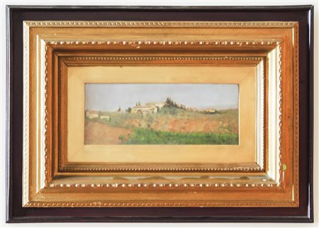 PAESAGGIO DI CAMPAGNA CON VEDUTA DI PAESE olio su tavoletta, in cornice cm...