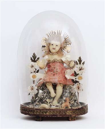 GESÙ BAMBINO IN CERA XIX secolo con trionfo di fiori e conchiglie, entro...