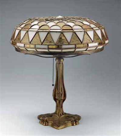 Lampada da tavolo con base in bronzo, diffusore in vetro a piombo, 1900...