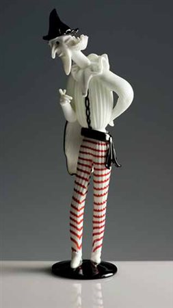 Venini. Figura di Pantalone in vetro lattimo e paste applicate policrome...