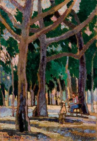 Ulvi Liegi Livorno, 1858 – 1939 Paesaggio alberato con figure olio su...