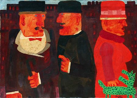 Franz BORGHESE Roma 1941-2005 Personaggi e cane verde olio su tela oil on...