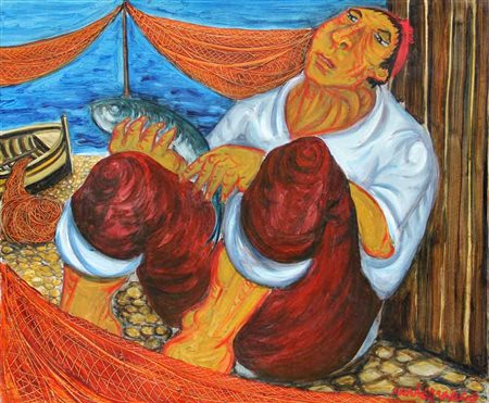 Giuseppe MIGNECO Messina 1908 - Milano 1997 Pescatore, anni 80 olio su tela...