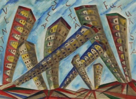 Magni Riccardo Vento sulla città futurista, (1935) olio, guazzo e grafite su...