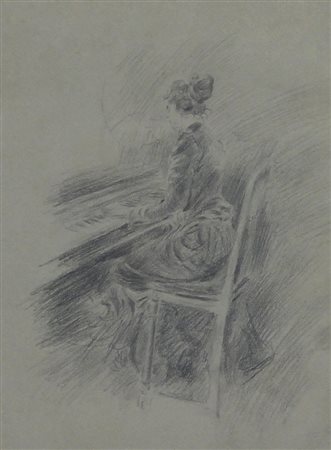 Boldini Giovanni Donna al pianoforte matita su carta, cm. 23,5x19 certificato...