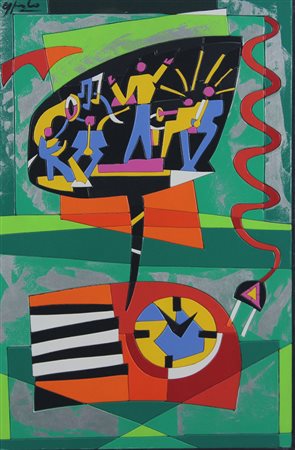 Nespolo Ugo Parata Elettrica acrilico su legno, cm. 60x40 firmato in alto a...