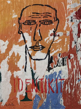 Rotella Mimmo Identikit, 1993 sovrapittura su decollage, cm. 70,5x51 firmata...