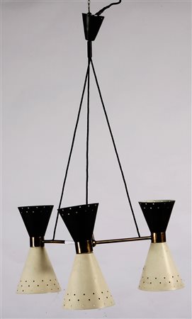 STILNOVO nello stile di. Lampadario degli anni 60 , a 3 luci. Schermi di...