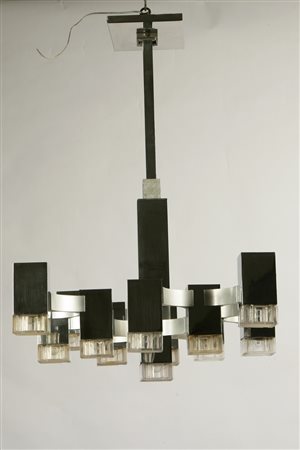 SCIOLARI GAETANO. Lampadario Cubic,struttura in metallo cromato e satinato,...