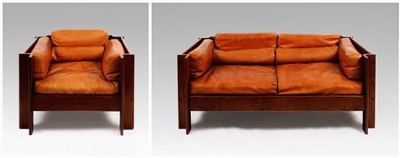 SERGIO ASTI (N. 1926). divano e poltrona "Zelda" Legno e pelle. Cm...