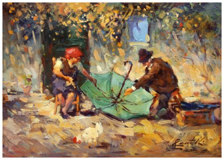 LORIS CENTELLI L’ombrellaio sprangaio Olio su tavola 25 x 35. Firma in b. a...