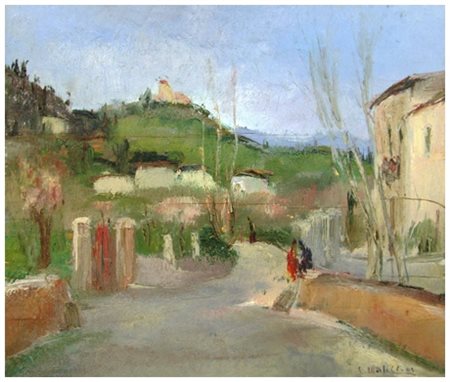 E. MARTELLI Paese in verde 1943 Olio su tavola 36,4 x 42,7. Firma e data in...