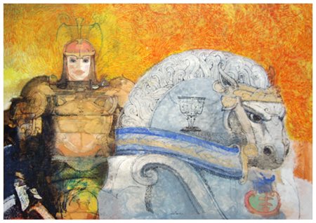 RAFFAELE DE ROSA Podenzana 1940 Cavaliere 2010 T.m. su tavola 70 x 100. Firma...