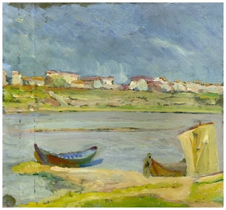 SANTI MACCHIA Pisa 1884 – 1964 L’Arno con Porta Fiorentina sullo sfondo Olio...