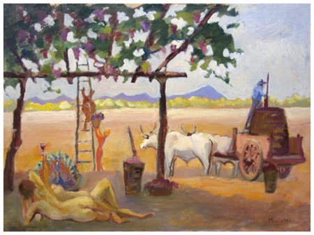 SANTI MACCHIA Pisa 1884 – 1964 Allegoria del vino Olio su cartone 26,3 x 37....