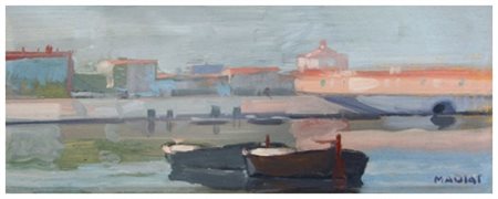 MARIO MADIAI Livorno 1944 Fossi di Livorno Olio su tavola 13,7 x 35. Firma in...