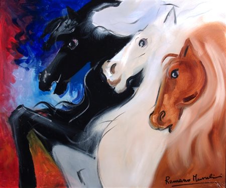 MUSSOLINI ROMANO (ForlÃ¬ 1927 - Roma 2006) "Tre cavalli" Olio su tela cm. H:...