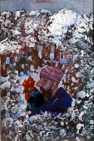 POSSENTI ANTONIO (Lucca 1933) "Figura con gallo" Olio su cartone telato cm....