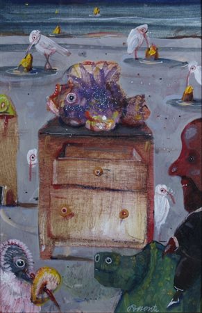 POSSENTI ANTONIO (Lucca 1933) "Pesce sul como'" Olio su cartone telato cm. H:...