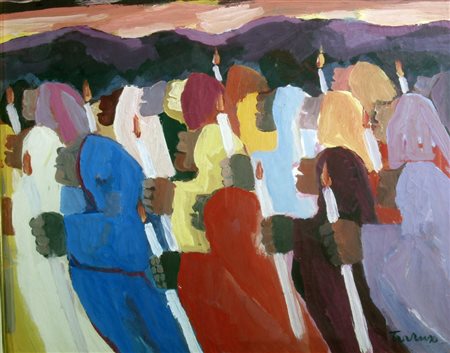 TERRUSO SAVERIO (Monreale 1939 - Milano 2003) "Processione" Olio su carta...