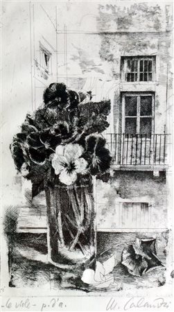 CALANDRI MARIO Torino 1914 - 1993 "Le viole" 1980 53x36,5 foglio, 32,3x19,1...