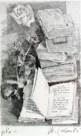 CALANDRI MARIO Torino 1914 - 1993 "Senza titolo (libri e rosa)" 1981...