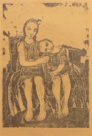 CASORATI FELICE Novara 1883 - 1963 Torino "Due bambine" 49x53 foglio, 35,5x24...